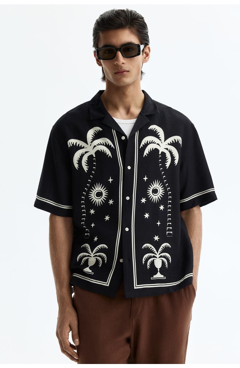 H&M Relaxed Fit Printed Resort Shirt, Alternate, color, Black/Patterned