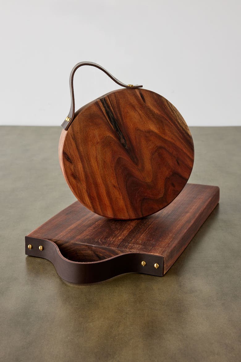 Round Wooden Cutting Board with Leather Strap, Main, color, Natural