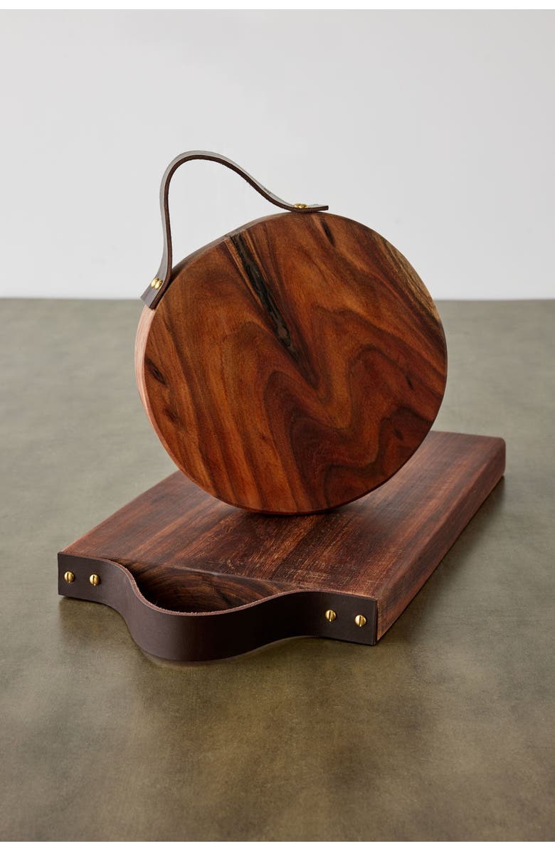 kanju Interiors Round Wooden Cutting Board with Leather Strap, Main, color, Natural