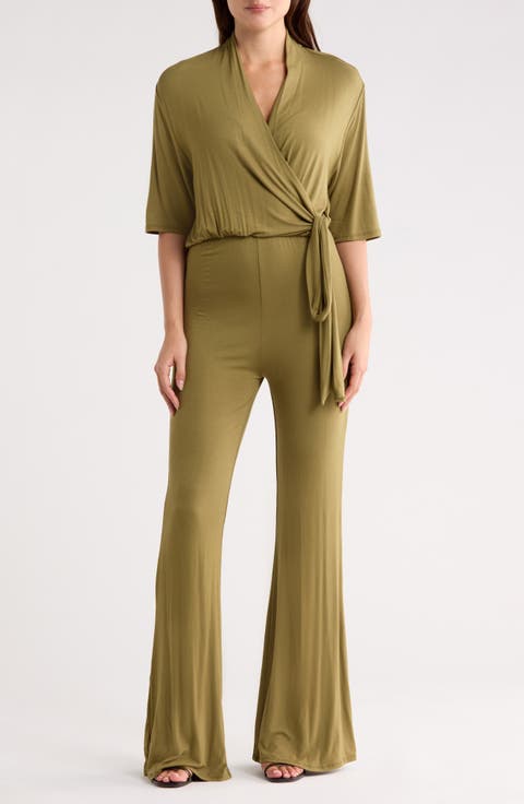 Short Sleeve Faux Wrap Jumpsuit