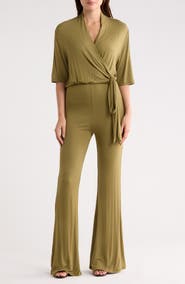 GO COUTURE Short Sleeve Faux Wrap Jumpsuit