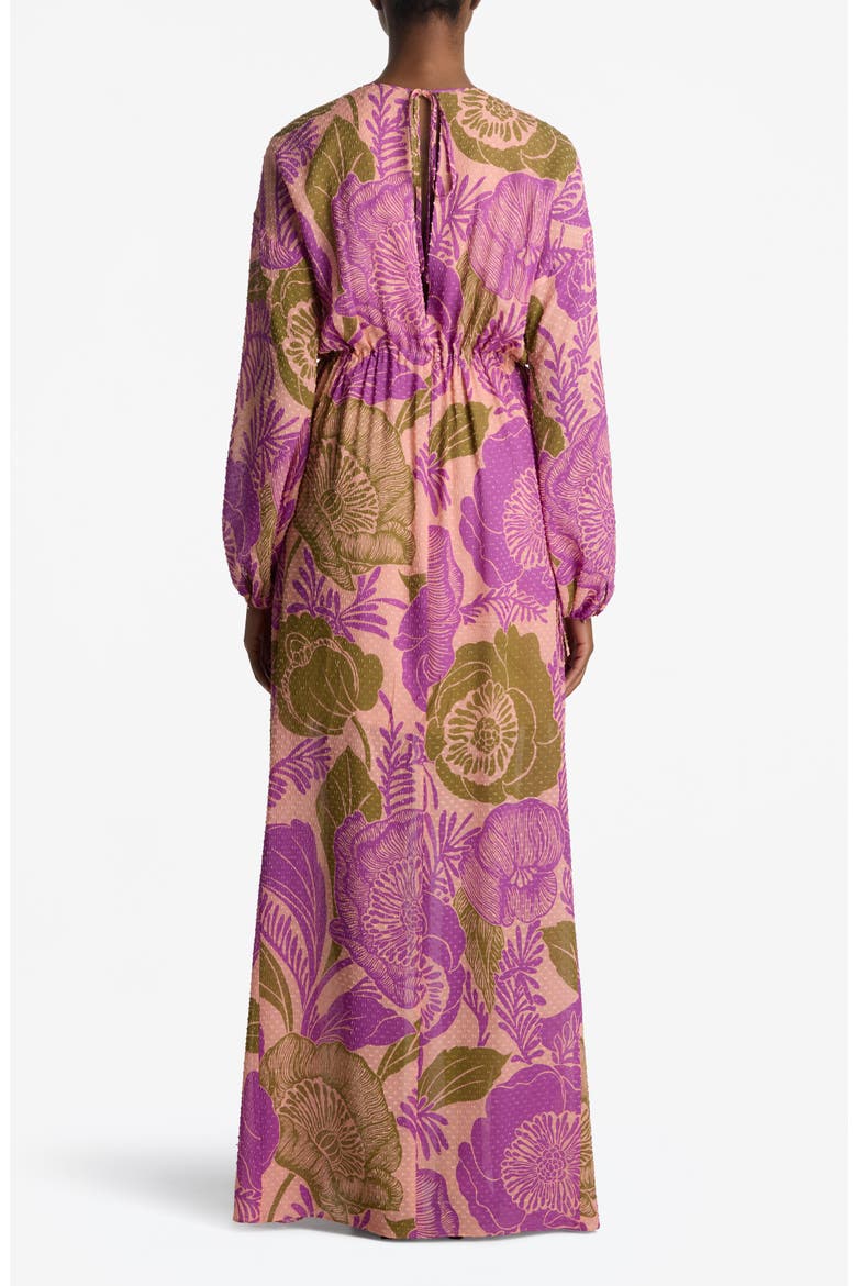 California Poppy Long Sleeve Metallic Fil Coupé Maxi Dress, Alternate, color, BRIGHT CORAL MULTI