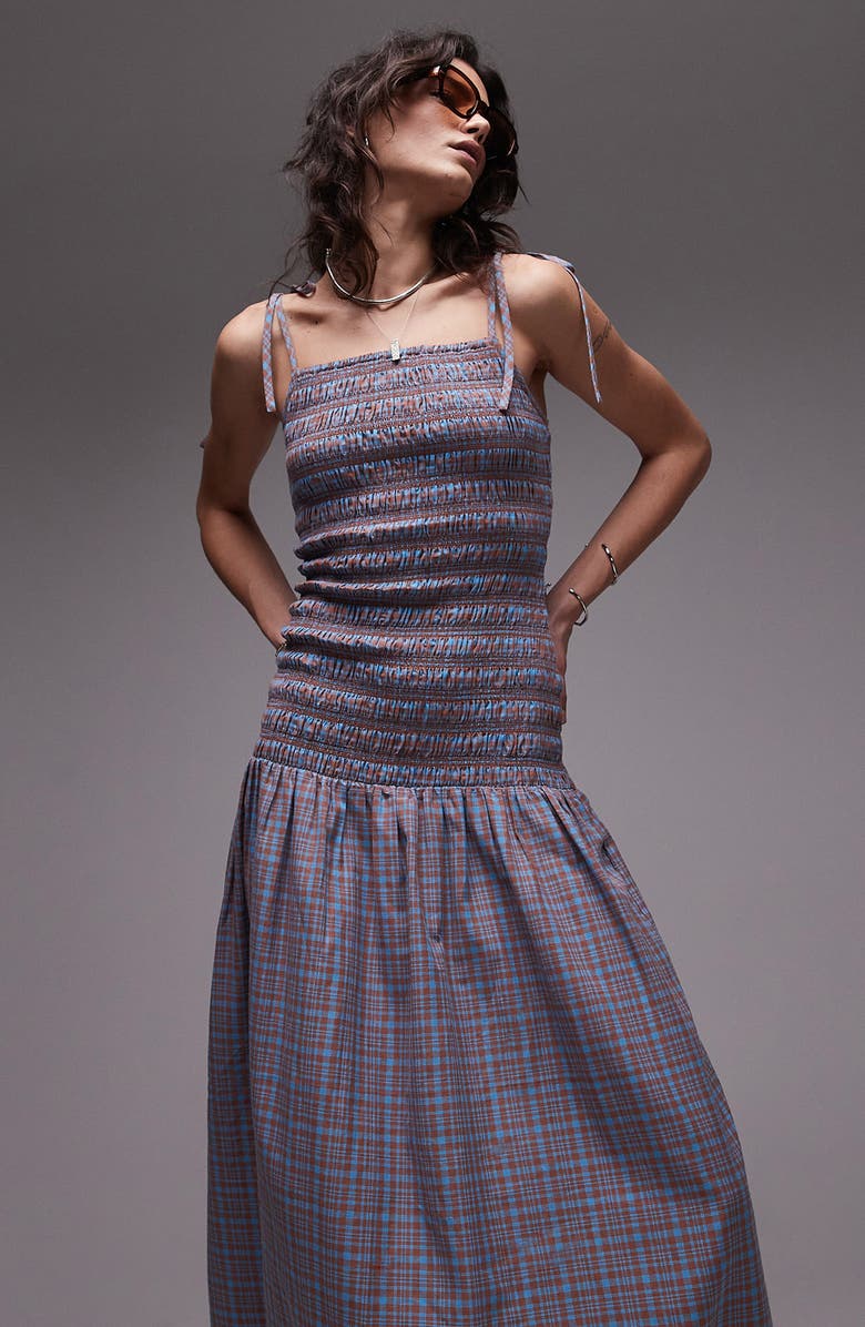 Topshop Plaid Smocked Drop-Waist Midi Dress, Alternate, color, Medium Blue