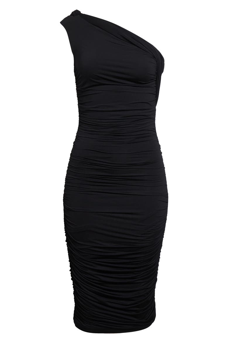 Cheryl Shirred One-Shoulder Body-Con Midi Dress, Alternate, color, BLACK