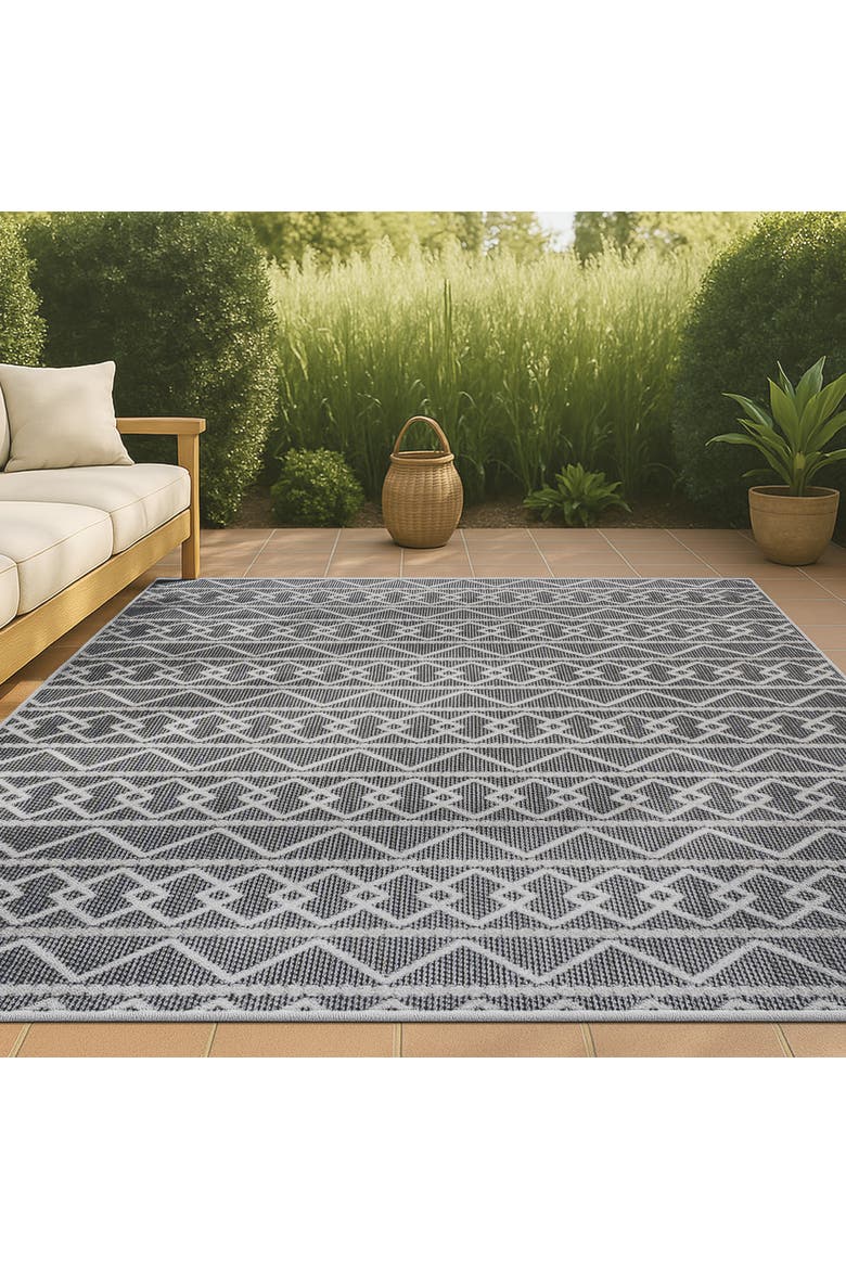 Aylan High-Low Pile Knotted Trellis Geometric Indoor/Outdoor Area Rug, Alternate, color, Black/Ivory