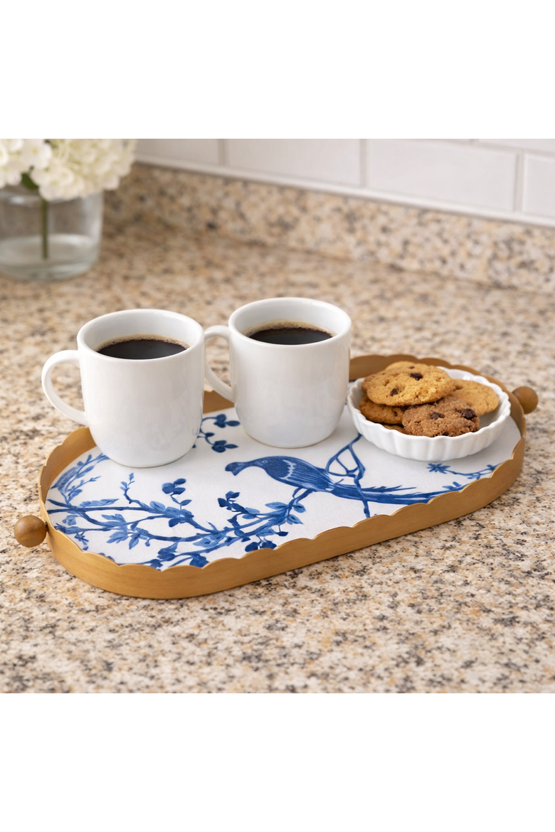 Decorative Tray, Chinoiserie with Gold Rim, Elegant Blue and White Tray, Traditional, Tabletop, Living Room, Ceramic, Blue, Home Decor, Alternate, color, Blue