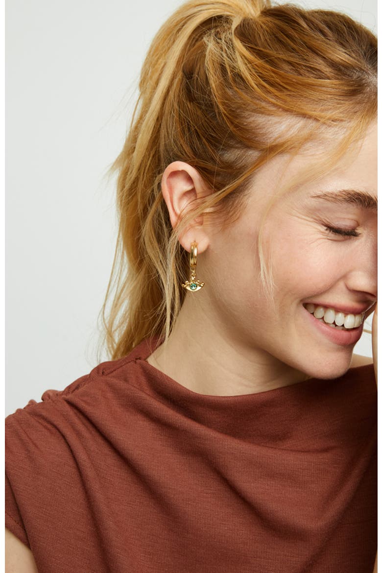 18K Gold-Plated Hoop Earrings with Eye Detail with Green Crystal, Alternate, color, Gold