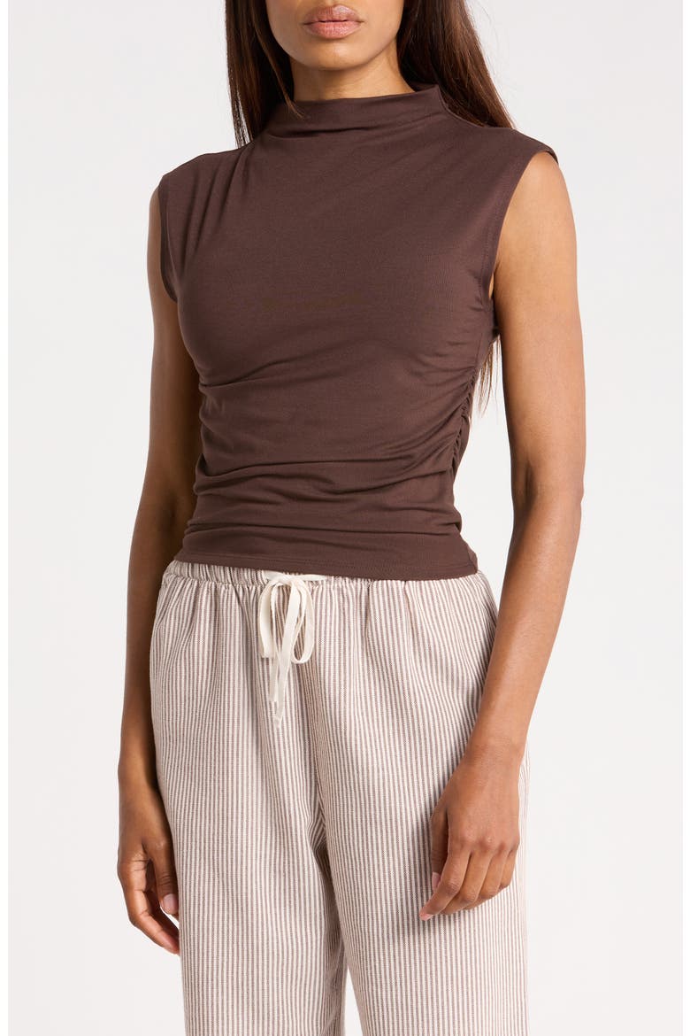Sleeveless Ruched Mock Neck Top, Main, color, BROWN COFFEE