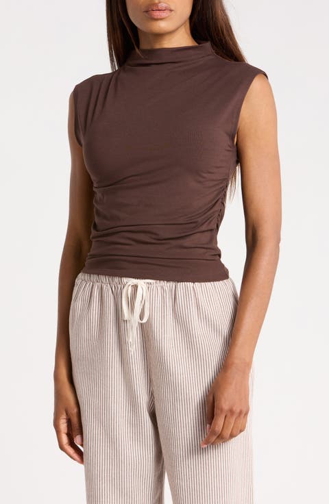Sleeveless Ruched Mock Neck Top