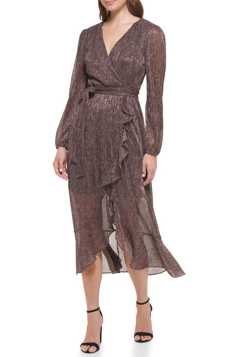 Long Sleeve Shimmer Knit Midi Dress, Alternate, color, ROSE GOLD