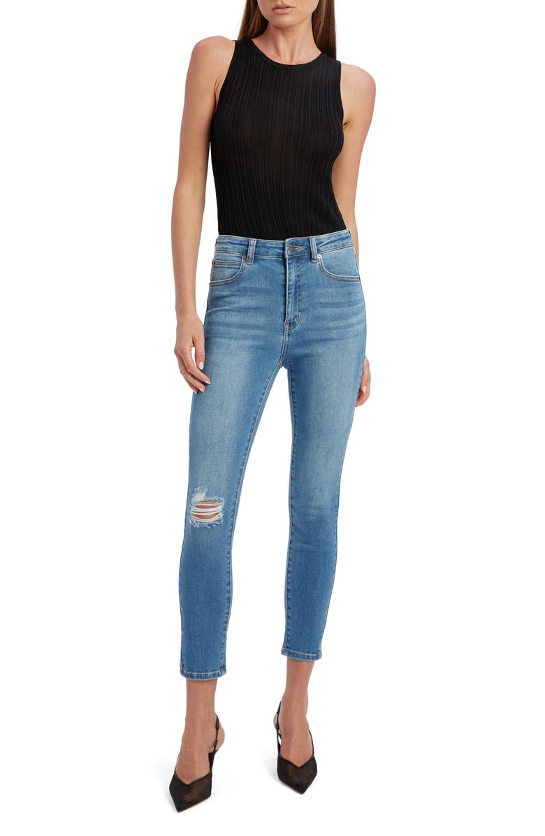 Bardot Khloe Ripped High Waist Crop Skinny Jeans, Alternate, color, Dark Denim