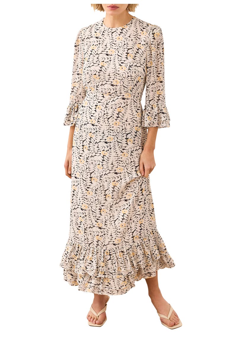 MINT VELVET Floral Print Ruffle Midi Dress, Main, color, Black