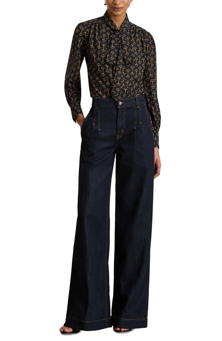 Lauren Ralph Lauren Tie Neck Long Sleeve Popover Top, Alternate, color, Navy Blue/ Multi