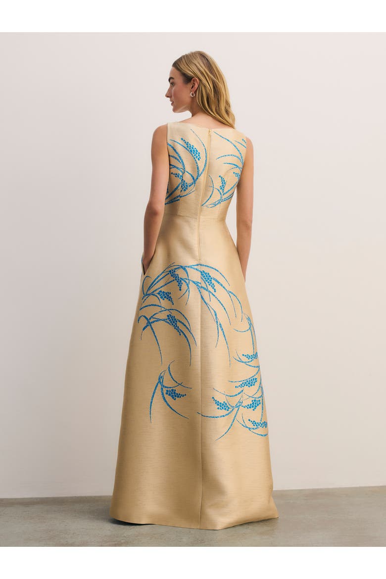 Embroidered Jacquard Maxi Gown Boat Neck, Alternate, color, Gold