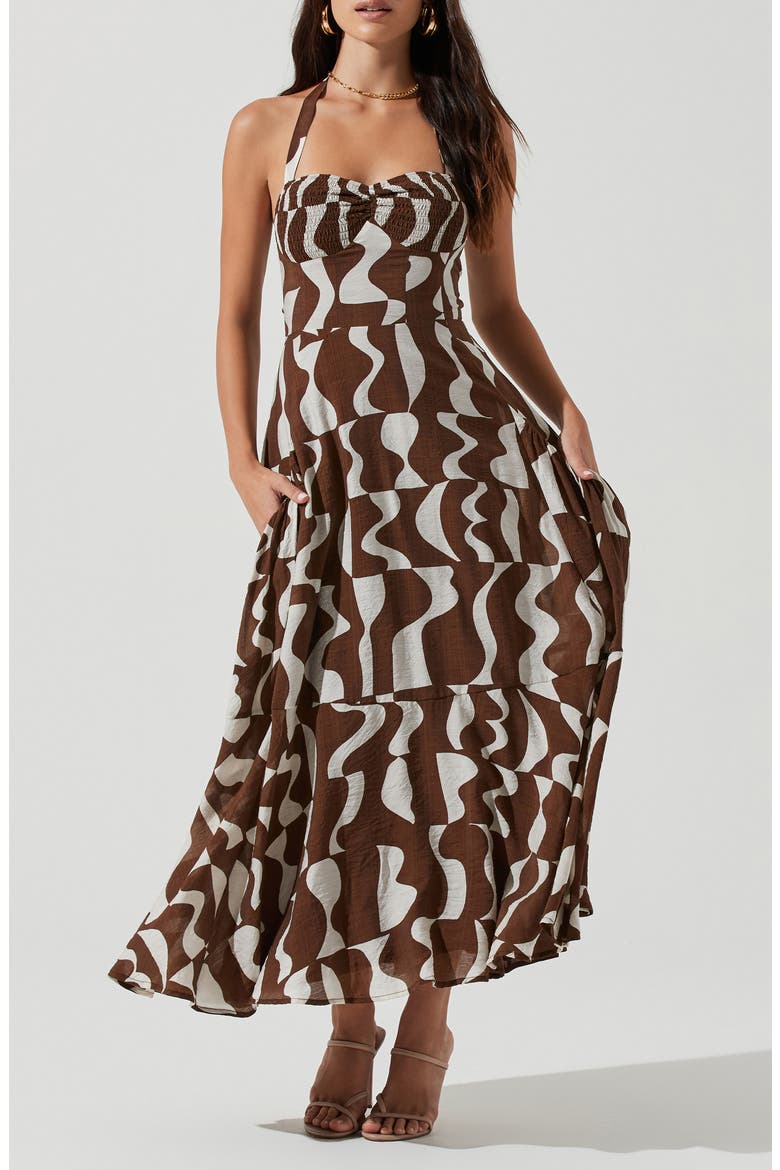 Mariella Maxi Halter Sundress, Main, color, BROWN WHITE ABSTRACT