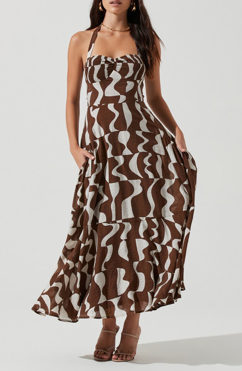 ASTR the Label Mariella Maxi Halter Sundress, Main, color, Brown White Abstract
