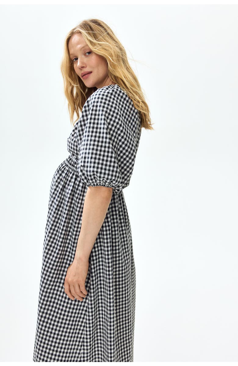 H&M Mama balloon-sleeved midi dress, Alternate, color, Black/Gingham