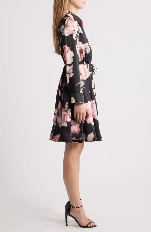Tahari Asl Floral Long Sleeve Shirtdress In Black Pink