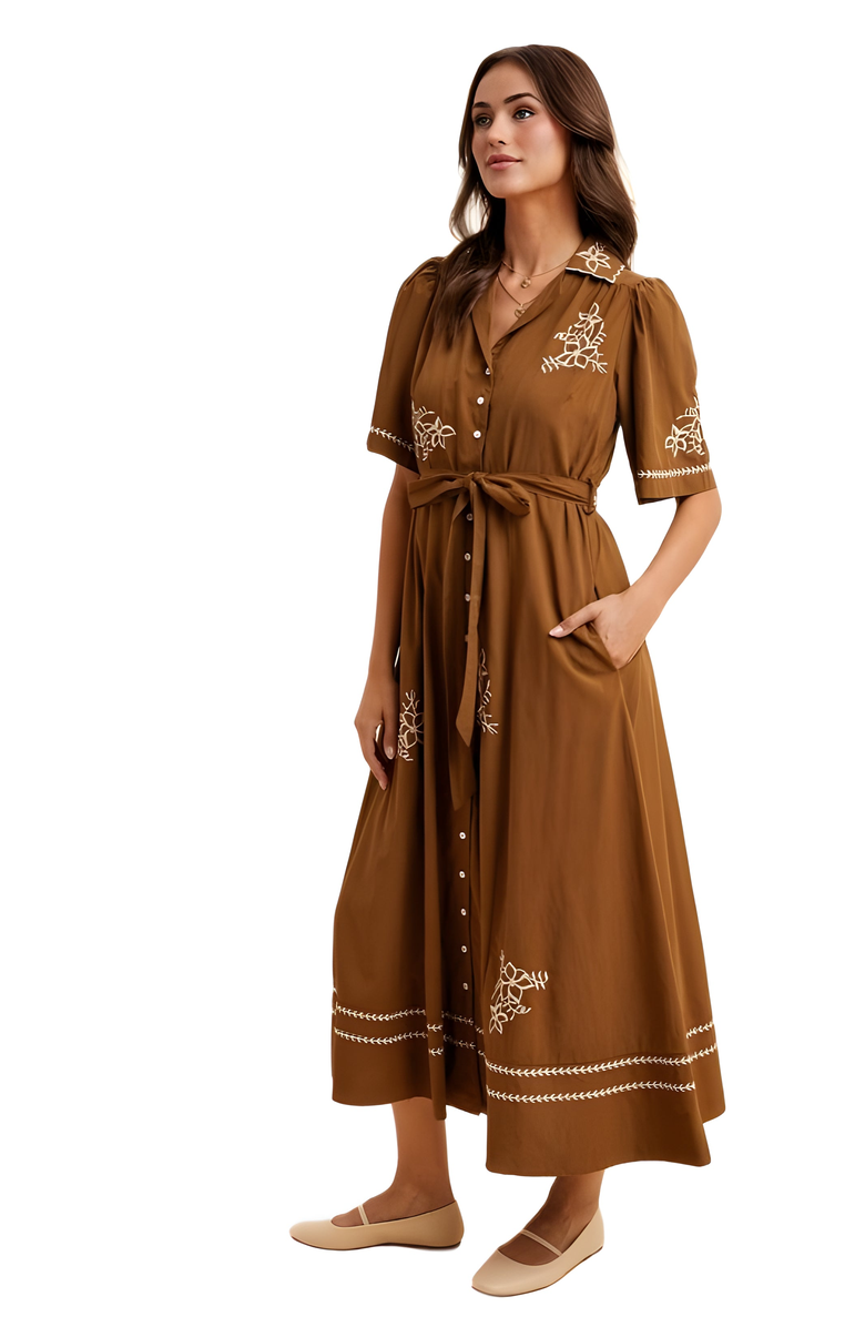 Knit and Lounge Button-Down Maxi Dress with Embroidery and Waist Tie, Alternate, color, Brown