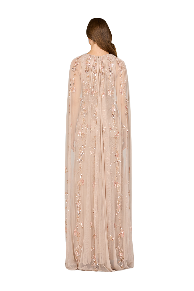 Mermaid Beaded Dress with Long Cape, Alternate, color, Nude