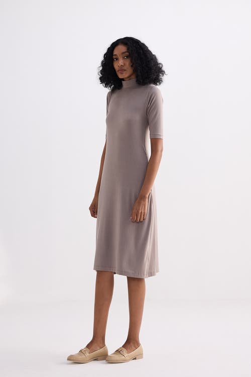 Reistor High Crew Neck Elbow Sleeves Fitted Dress In Dusty Brown