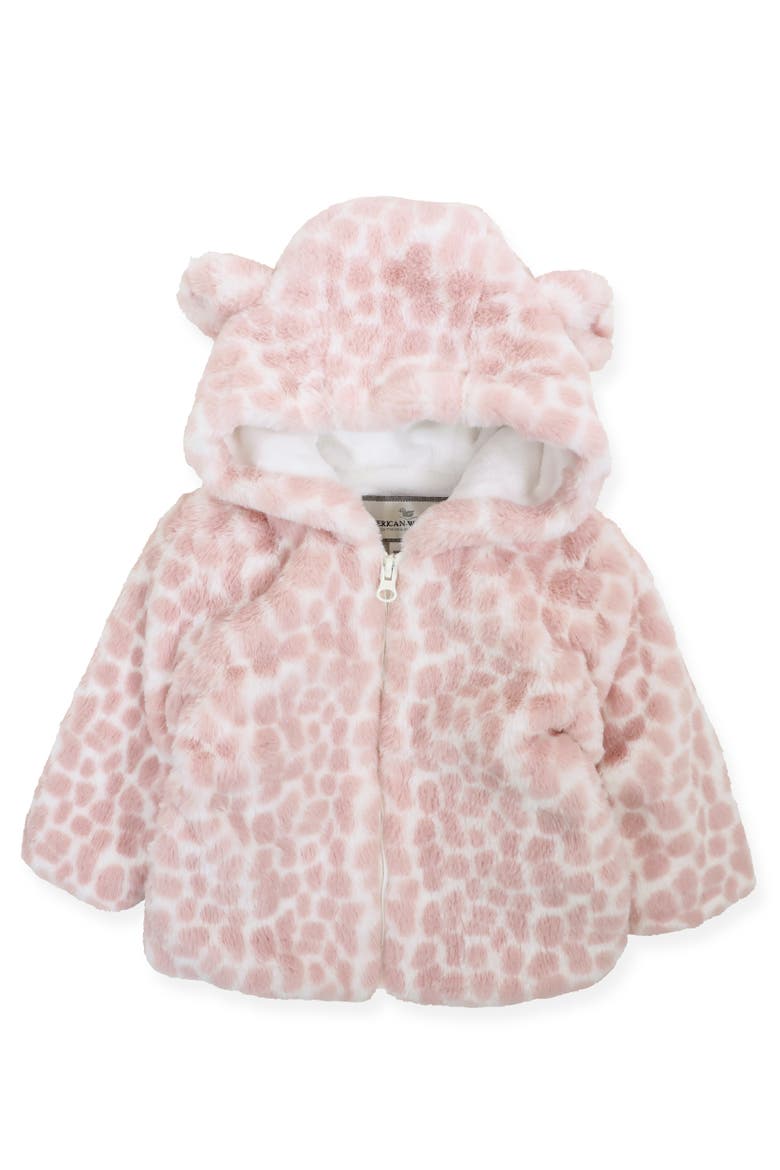 Faux Fur Hooded Zip Front Snuggle Jacket, Main, color, Pink Giraffe