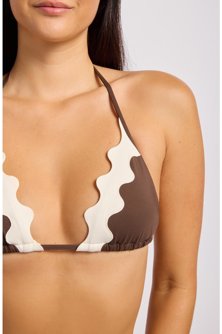 Scalloped Contrast Trim Bikini Top, Alternate, color, DARK CHOCOLATE
