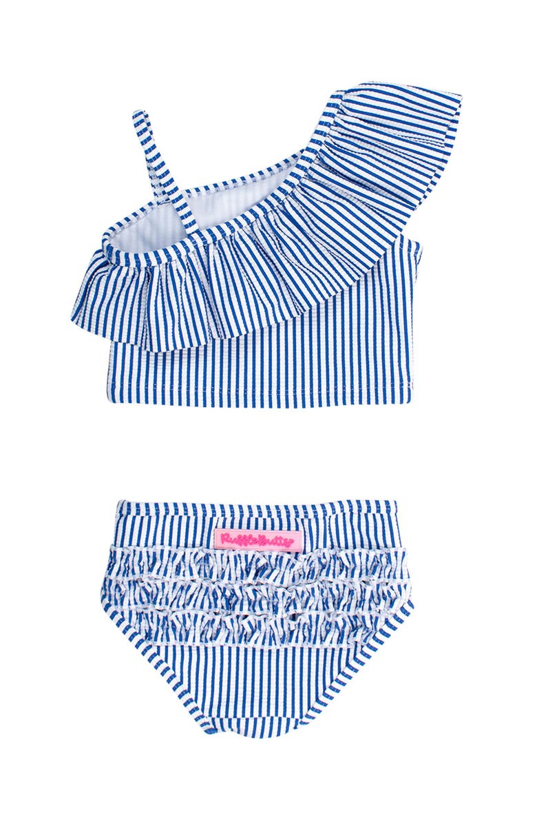 RuffleButts UPF50+ Sun Protected Seersucker One Shoulder Ruffle Tankini 2-Piece Swimsuit, Alternate, color, Blue Seersucker