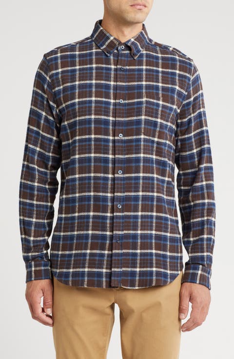Herringbone Plaid Flannel Button-Up Shirt