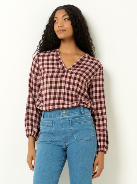 V-Neck Plaid Peasant Top