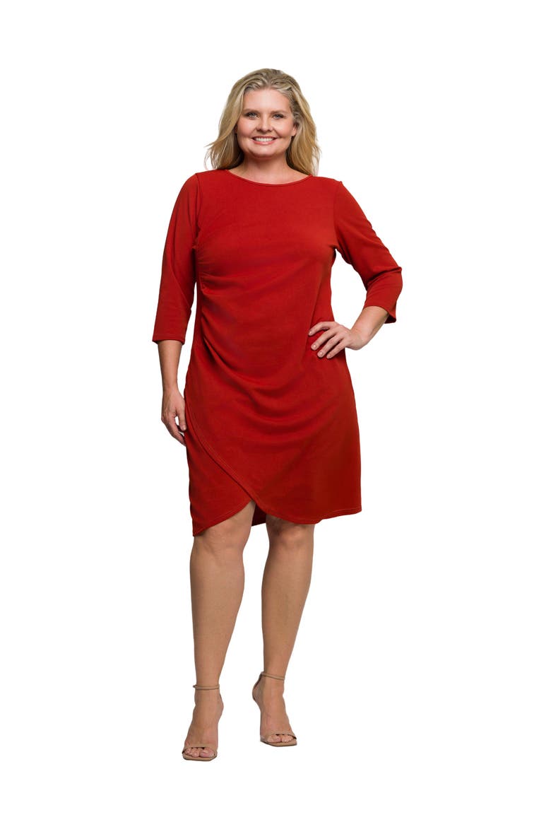 Plus Size Three Quarter Sleeve Ruched Tulip Hem Mini Dress, Main, color, Rust