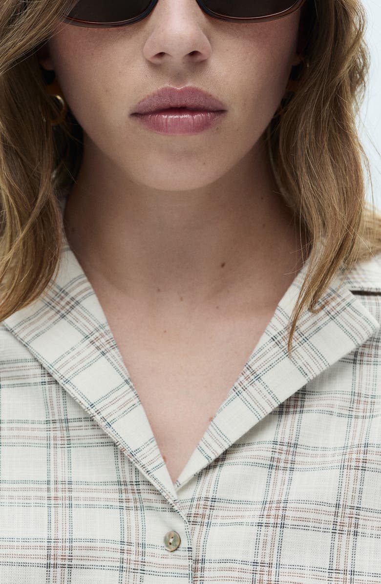 MANGO Check Tie Hem Crop Button-Up Shirt, Alternate, color, Ecru