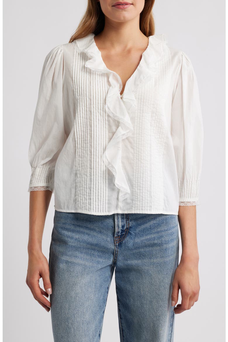 Mare Ruffle Cotton Button-Up Top, Main, color, WHITE