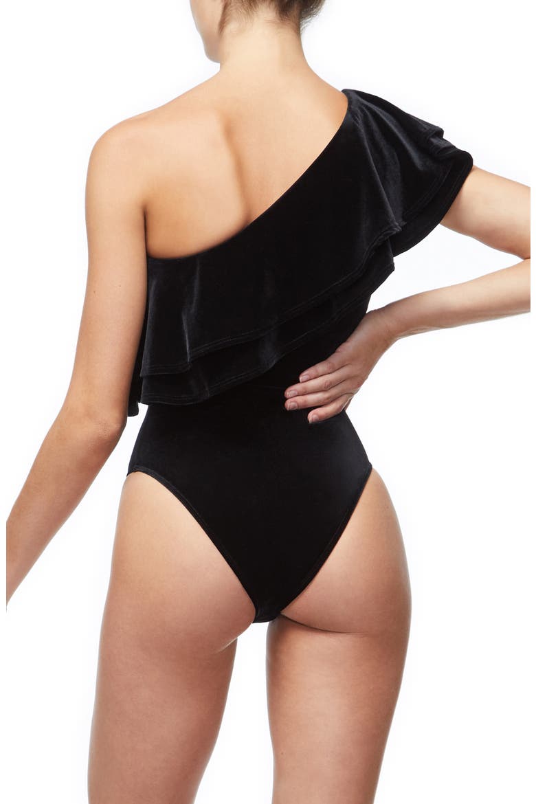 Ruffle One-Shoulder Velvet Bodysuit, Alternate, color, BLACK001