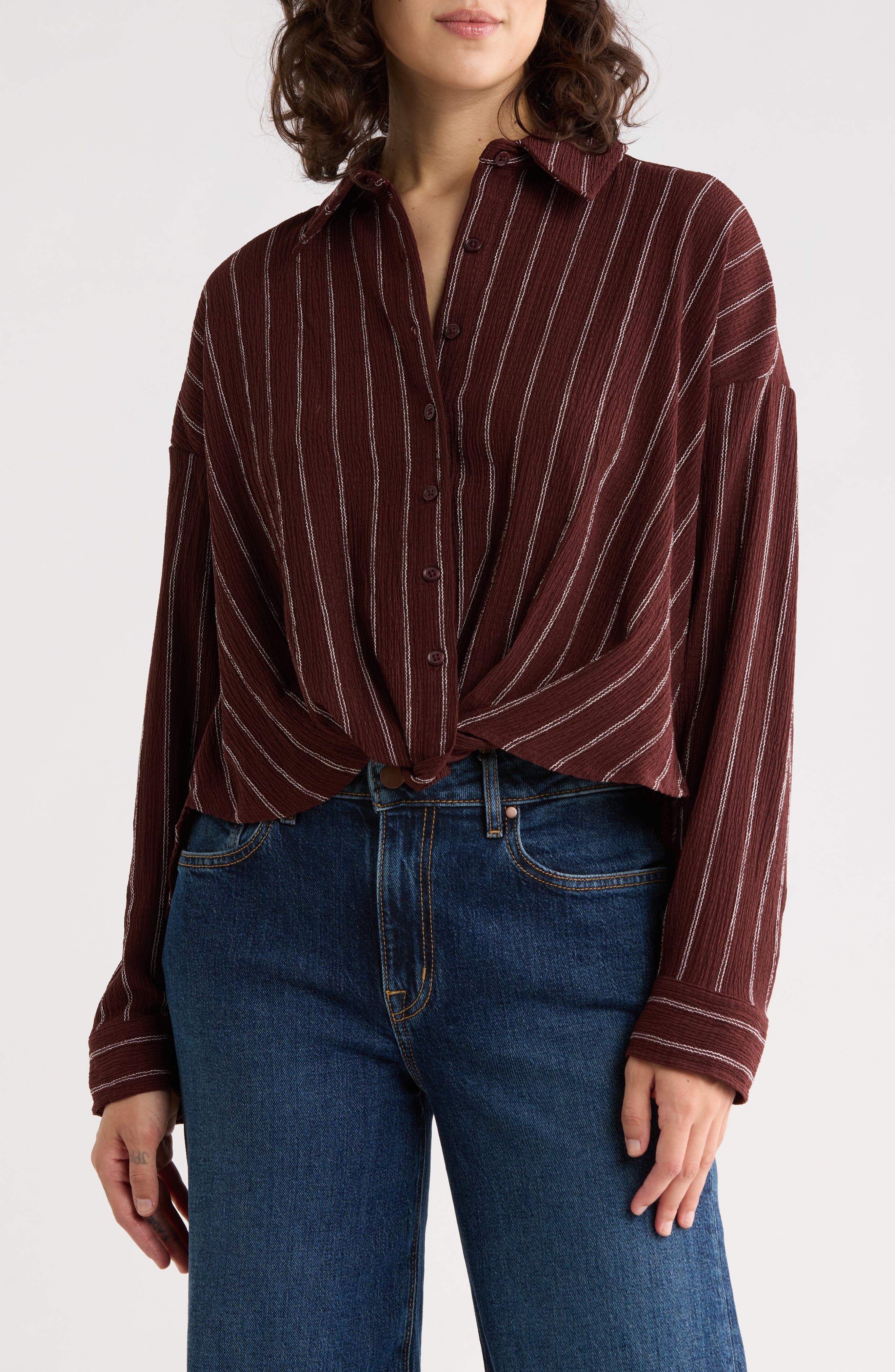 Stripe Twist Front Textured Button-Up Top