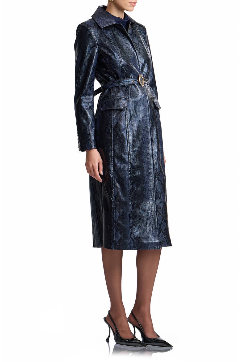 Snakeskin Embossed Faux Leather Belted Trench Coat, Alternate, color, NAVY PYTHON