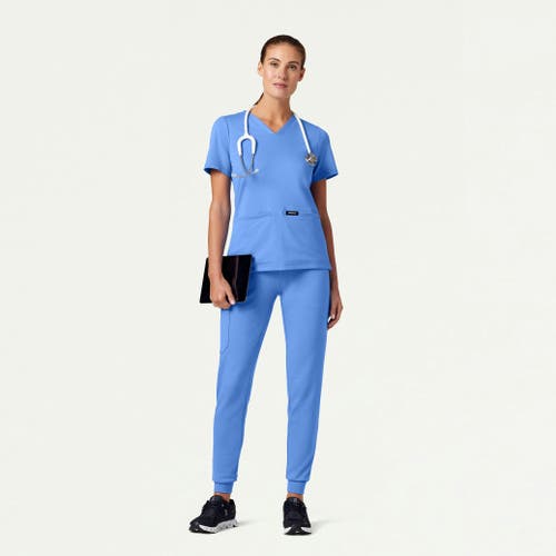 Jaanuu 2-pocket Slim Knit V-neck Scrub Top In Blue