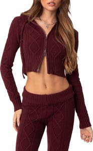 EDIKTED Ray Cable Knit Hooded Crop Cardigan