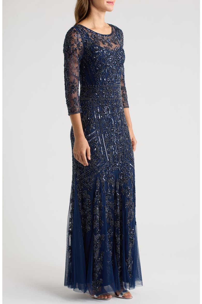 Beaded Chiffon Column Gown, Alternate, color, NAVY 410