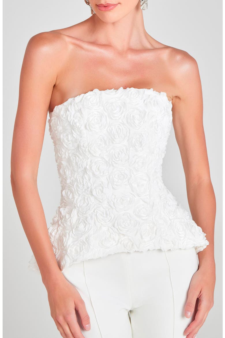 Phoebe Rosette Strapless Peplum Top, Main, color, WHITE