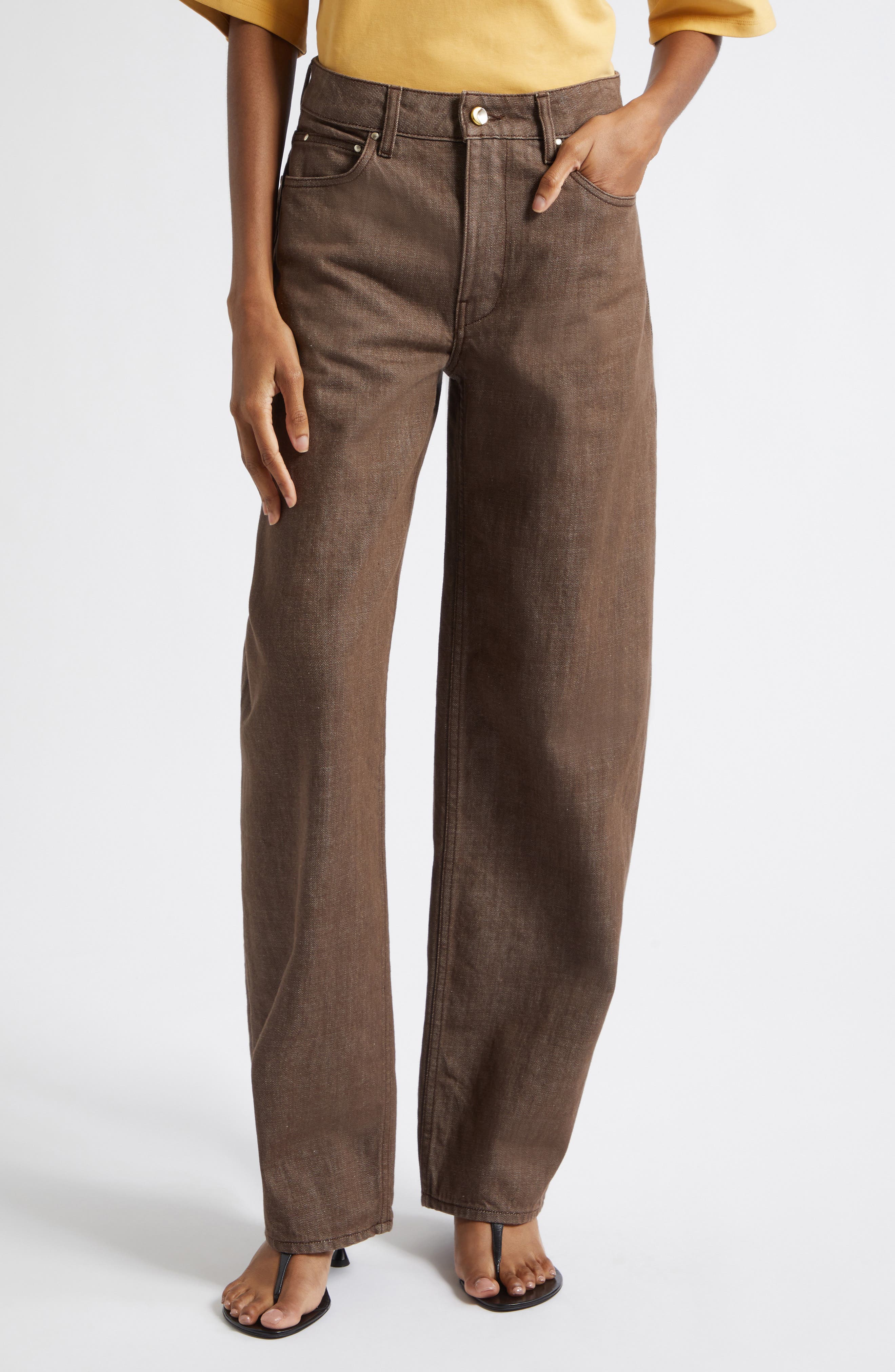 Ossou Rider Low Rise Barrel Leg Jeans In Brown