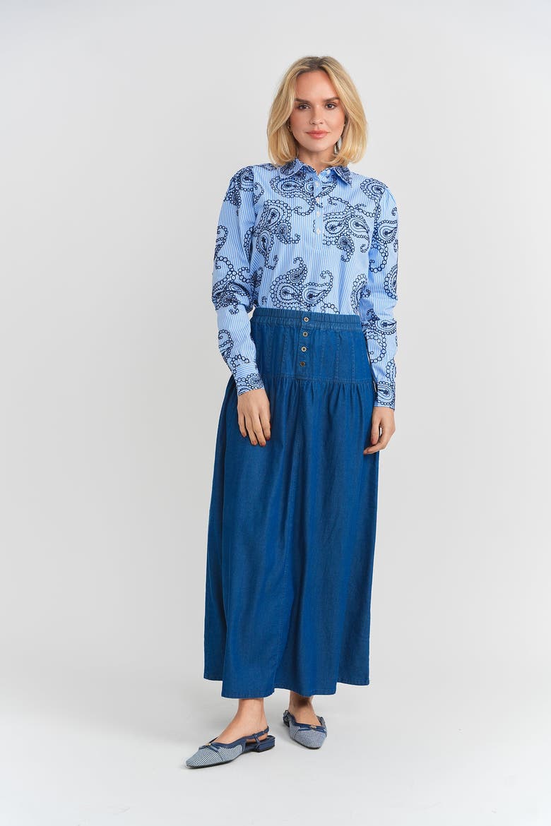 Button Denim Tiered A-Line Long Skirt, Alternate, color, Dark Denim