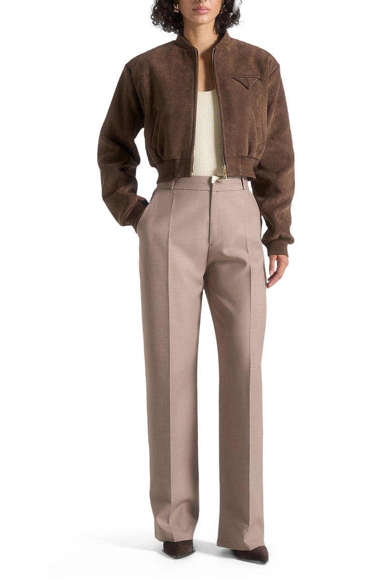 Monique Suede Wide Shoulder Bomber Jacket, Alternate, color, Brown