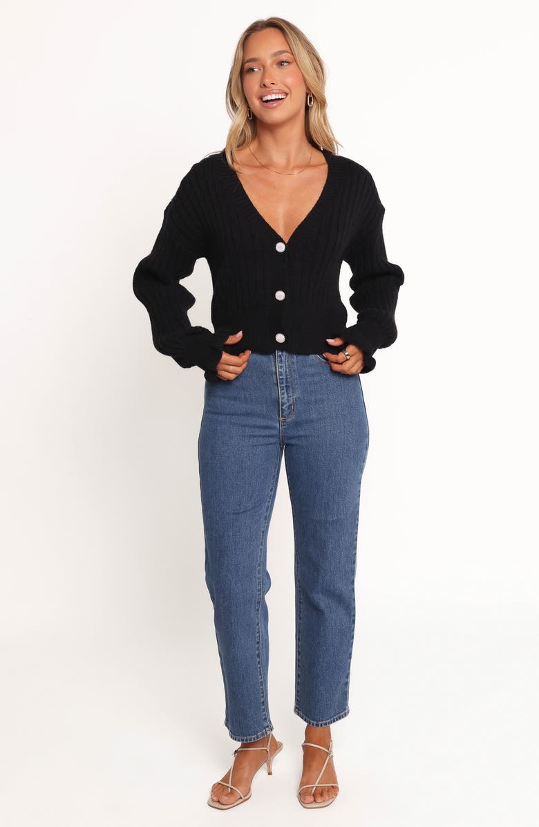 Petal & Pup Zana Ruffle Cuff Crop Rib Cardigan, Alternate, color, Black