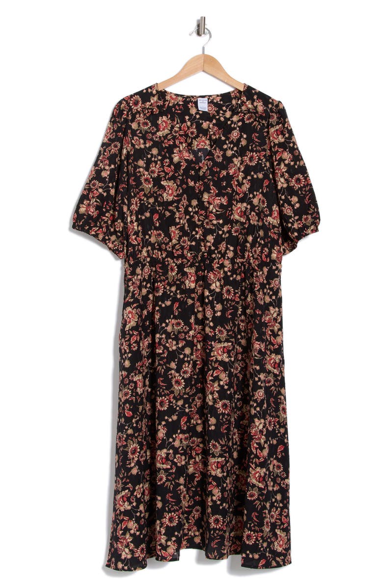 Melrose and Market Ruffle Yoke Short Sleeve Midi Dress, Alternate, color, Black- Tan Mara Floral