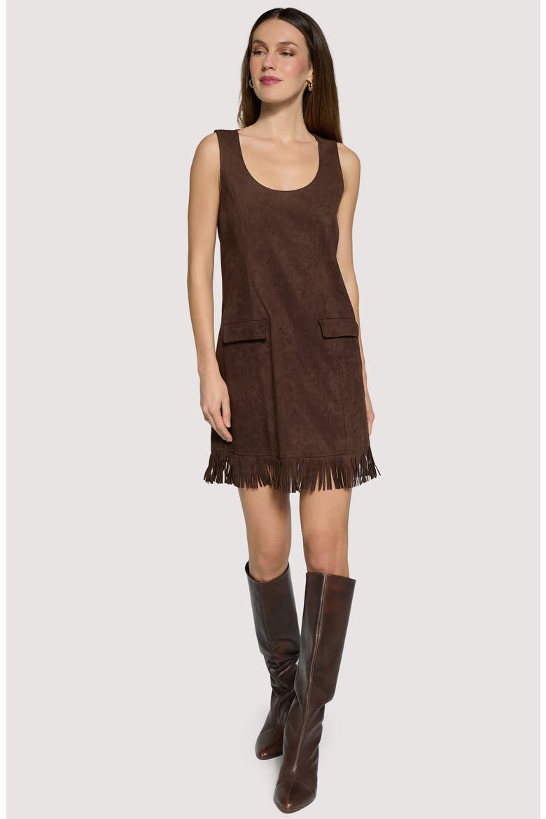 Modern Muse Fringe Hem Faux Suede Shift Minidress, Alternate, color, DARK BROWN