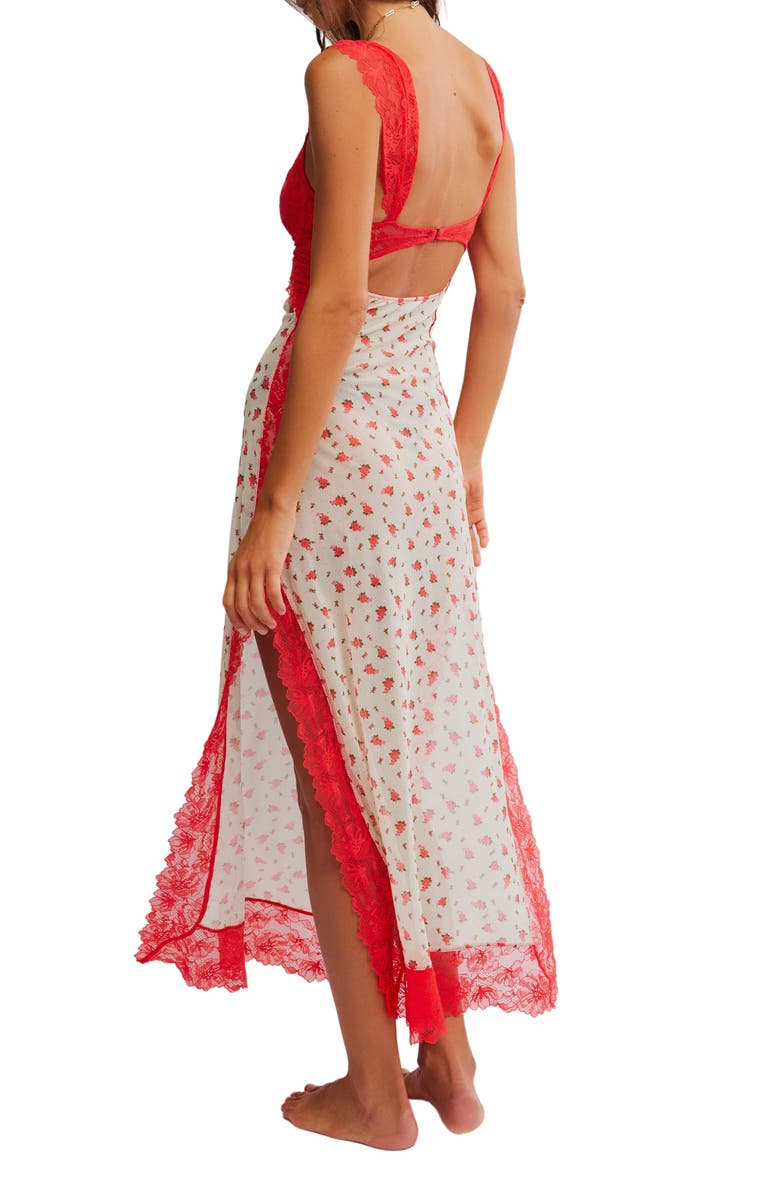 Free People Suddenly Fine Floral Print Cutout Lace Trim Nightgown, Alternate, color, Tea Combo