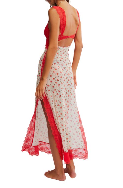Free People Suddenly Fine Floral Print Cutout Lace Trim Nightgown In Tea Combo