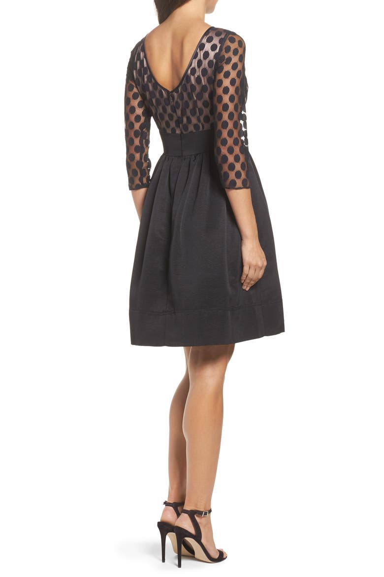 Dot Mesh Bodice Fit & Flare Dress, Alternate, color, BLACK