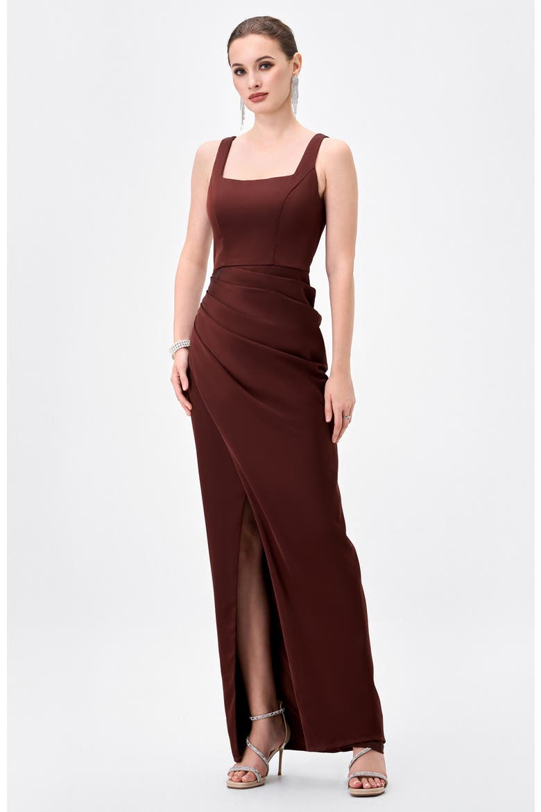 Dira Square Neck Gown, Alternate, color, BROWN